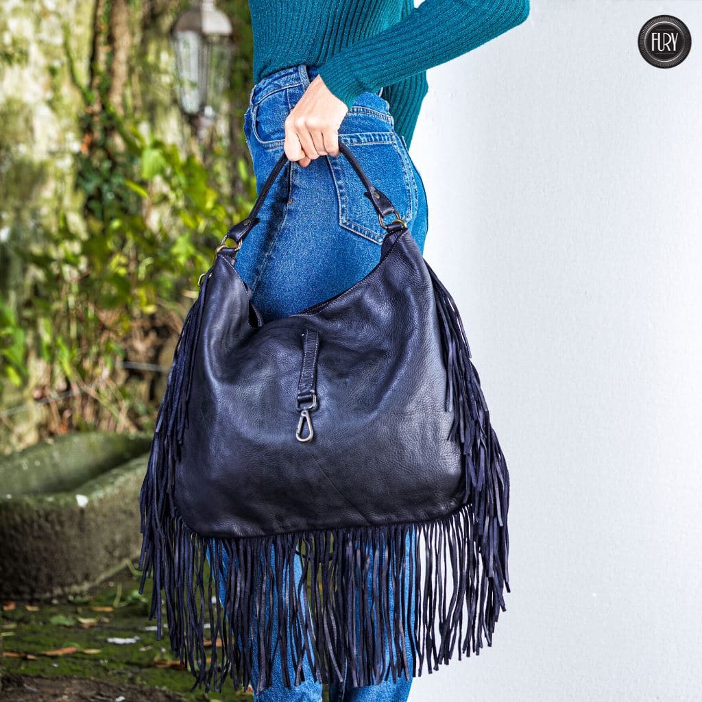 Borsa a spalla in pelle vintage con frange lunghe Fury Bags#colore_nero